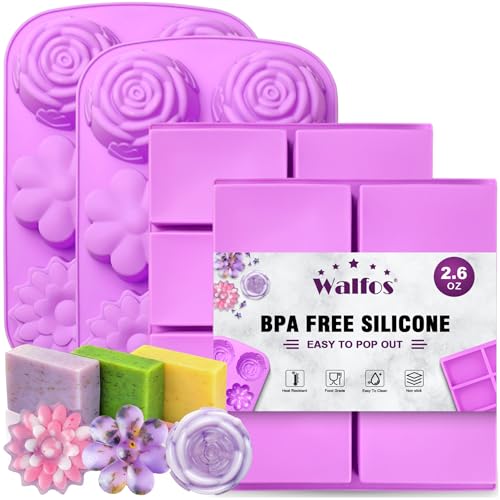 Walfos Soap Molds,4 Pieces Flower and Rectangle Silicone Soap Mold,BPA