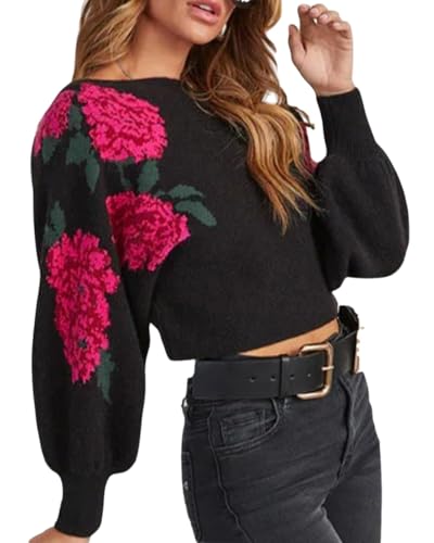 Women’s Cropped Floral Sweater Oversized Long Sleeve Knit Pullover Boho Loose Fit Knitted Jumper Top