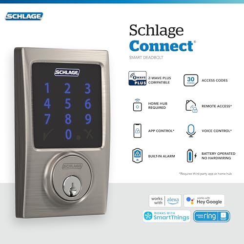 Image of Schlage Connect Smart Deadbolt Lock with Century Trim, Aged Bronze | Keyless entry door lock, Touchscreen keypad deadbolt, Z-Wave Plus smart lock, Ring alarm compatible, Easy install, BE469