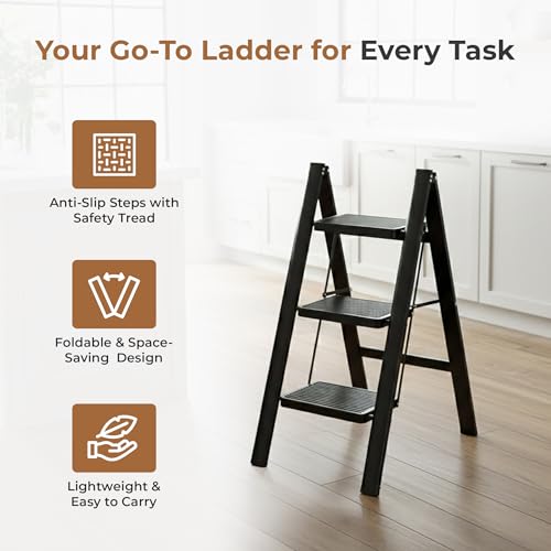 Image of HomeEssentials Foldable Ladder for Home | Heavy-Duty Steel with Large Platform | Wide Non-Slip Rubber Feet | Secure Lock Mechanism (3 Step)