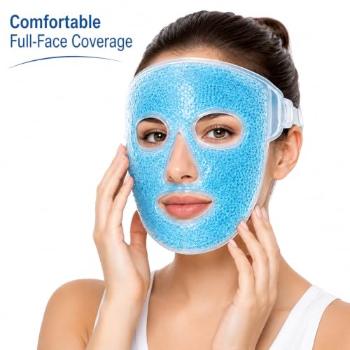 Image of Reusable Gel Bead Face Mask for Cooling & Relaxation, Full Face Cover with Adjustable Strap, Soothing Self Care Mask for Home Spa, Unisex