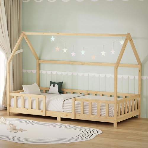 ML Design Cama Infantil 90x200 cm en Forma de Casa, Madera Maciza de Pino Natural con Protección Anticaída, Techo y Somier de Láminas, Cuna de Suelo para Niños y Niñas, Juvenil Individual Montessori