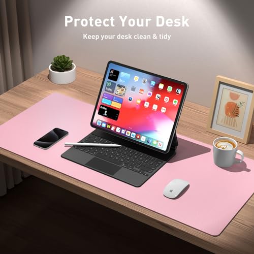 Image of Leather Desk Pad Protector, Mouse Pad, Office Mat, Non-Slip PU Leather Blotter, Laptop Pad, Waterproof Writing Pad for Office and Home (23.6 inch x 13.7 inch, Fairy Pink)