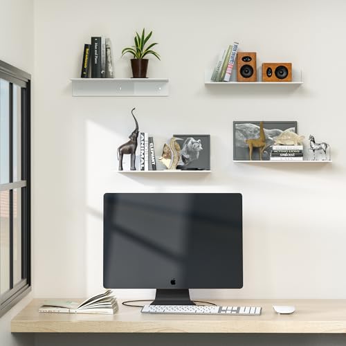 Image of 4 Pack White Acrylic Floating Shelves 15 Inches, Wall Hanging Bathroom Shelves, Wall Organizer Shelf for Kitchen, Living Room, Bathroom, Retail, Supermarket, 4 Pack