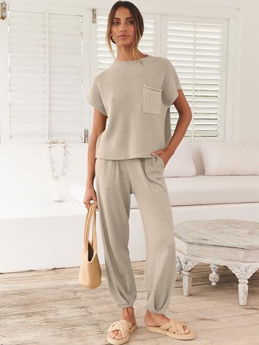 Image of ANRABESS Women's Two Piece Outfits Sweater Sets Knit Pullover Tops and High Waisted Pants Tracksuit Lounge Sets