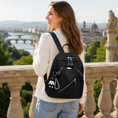Mochila feminina de viagem, mochila casual de 40,6 cm com vários bolsos e pingente de urso fofo, bolsa de livros universitária de grande capacidade, Preto, Medium, Moderno