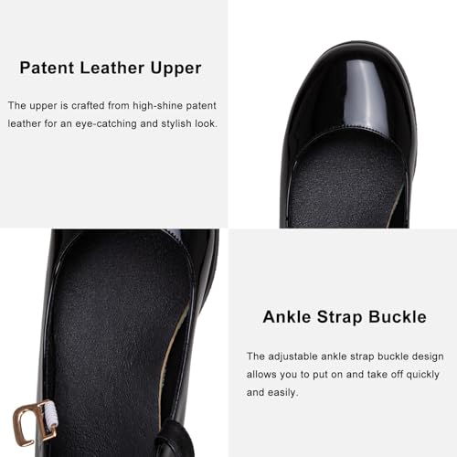 Women's Fashion Patent Leather Mary Jane Flats Classic Round Toe Comfort Non-Slip Casual Dress Shoes with Adjustable Ankle Strap for Work, School & Daily Wear Sizes 4.5-103