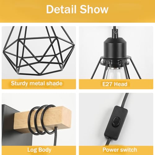 Aplique de pared E27 con enchufe e interruptor de madera retro para salón negro 5