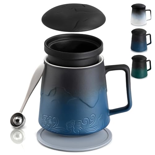 PluieSoleil Tea Infuser Mug with Lid Porcelain Tea Mug Loose Leaf Tea Cup Handmade for Tea Lovers Navy Blue 500ML