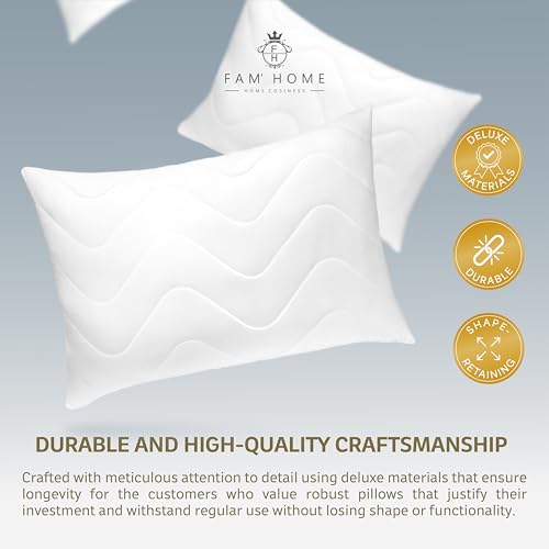 FAM' Home luxuriöses Kissen 50x60 2er Set – Kopfpolster Volumenfüllung (600 g) - ergonomische weiße Schlafkissen - Leichte Pflege – Allergiker Kopfkissen 50x60 Waschbar bis 95 °C - Atmungsaktiv