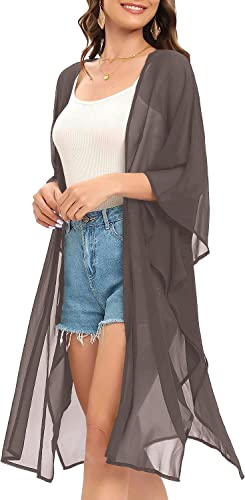 Image of Indian Trendy Women's Solid Puff Sleeve Kimono Long Cardigan Loose Cover Up Casual Blouse Top Chiffon