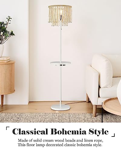 Elyona Boho Floor Lamp With Table, Birch Wood Beaded Standing Light With Usb Type-C Charging Ports And Outlet thumb #4