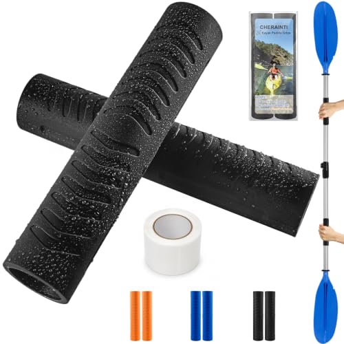 CHERAINTI Kayak Paddle Grips with Tape 2 Pcs Non-Slip Silicone Paddle Grips for Kayaking Blister Prevention Handle Covers for Diameter 1.18 Inches Take-Apart Paddles Kayaking Accessories (Black)