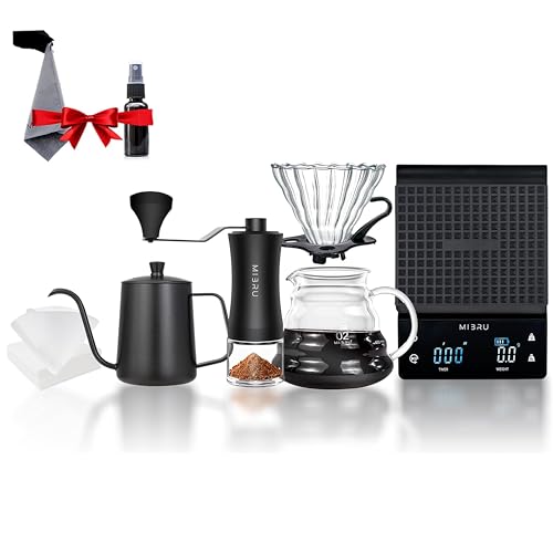 MIBRU 9 Pack V60 Coffee Maker Set Pour Over Drip Coffee Maker Set With Coffee Grinder and Coffee Server and Coffee Towl with spray cofe kettle 600ml filter coffe scale glass drip funnle