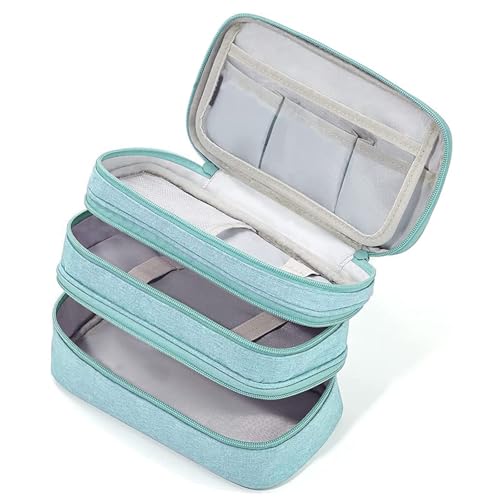 Image of Large Capacity Canvas Pencil Case With 3 Compartments - Light Blue | Portable Canvas Stationery Organizer With Double Zippers, Simple for College, School, Office, Girl, Boy, Men, Women, Adult