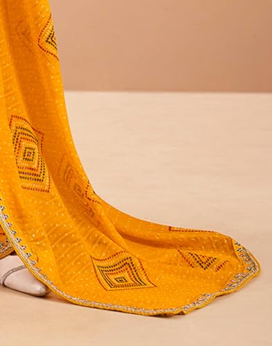 Image of SIRIL Women's Georgette Bandhani Printed, Embroidery Lace Saree With Unstitched Blouse Piece