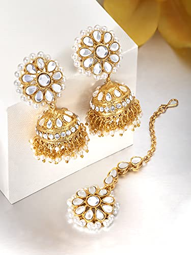 Aheli Kundan Pearl Jhumki Earrings with Maang Tikka Indian Traditional Bollywood Fashion Jewelry Set Gift for Women3