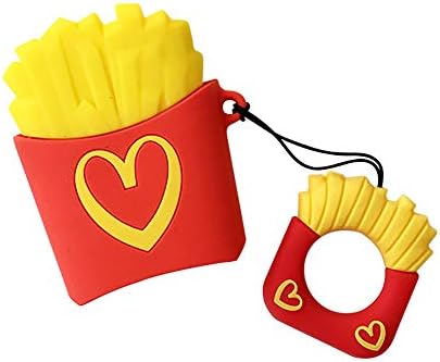 Food Airpods Case Keychain, Morenitor 3D Creative Cute Cartoon Silicone Shockproof Protective Cover and Skin with Finger Loop for Apple Airpods 1 2 Charging Case (French Fries Love)