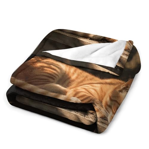 Couverture flanelle chat orange imprimé, jeté de canapé confortable 127x152 cm