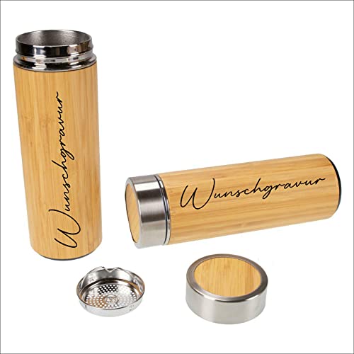 Botella de bambú con nombre grabado personalizable, doble pared con colador de té Cover