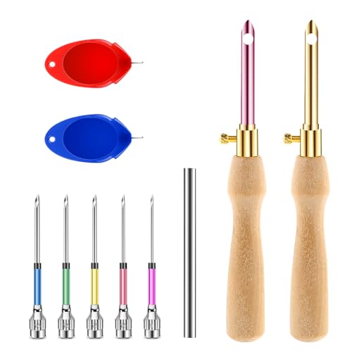 Image of 10 Pcs Punch Needle Kit Adjustable Punch Needle Tool Punch Stitching Kit Punch Needle with Wooden Handles Stitch Embroidery Needle Set Punch Needle Kits for Adults Beginner