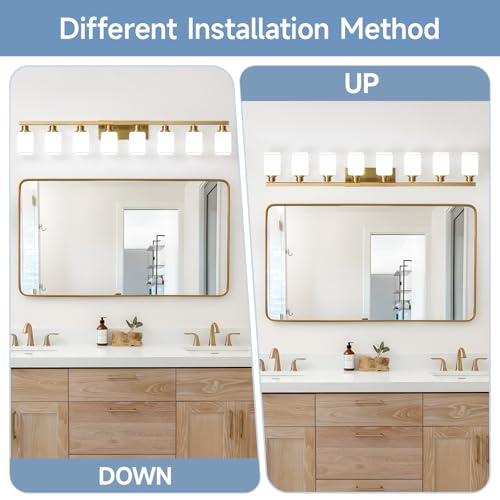Image of Bathroom Vanity Light,8-Light Brushed Gold Bathroom Light Fixtures with Square Frosted Glass, 51in Gold Wall Lamp Sconces for Mirror Bedroom,Living Room Hallway,E26