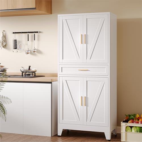 Image of COFaR 71 inch Tall Pantry Cabinet with Drawer, White Storage Cabinet with Adjustable Shelves, 3-Section Freestanding Cupboard for Kitchen Organization