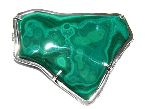 Broche malachite véritable en argent 925 avec reflets verts intenses