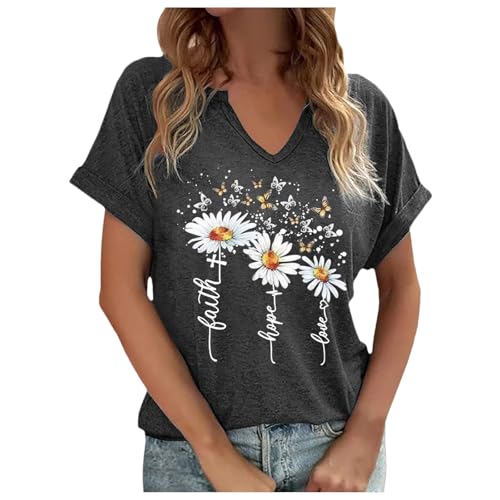 Camiseta de manga corta con cuello en V y estampado para mujer de verano con espalda abierta, Negro , XXL