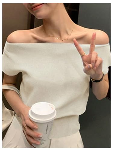 WDIRARA Women's Off The Shoulder Tops Casual Short Sleeve Tunic T Shirts Lightweight Knit Sweaters3