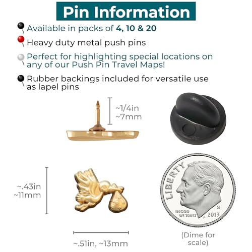 Image of Stork Carrying Baby Map Pins - Gold Stork Pins for Cork Boards, Maps, or Lapel Use - Designed in USA - Set of 10