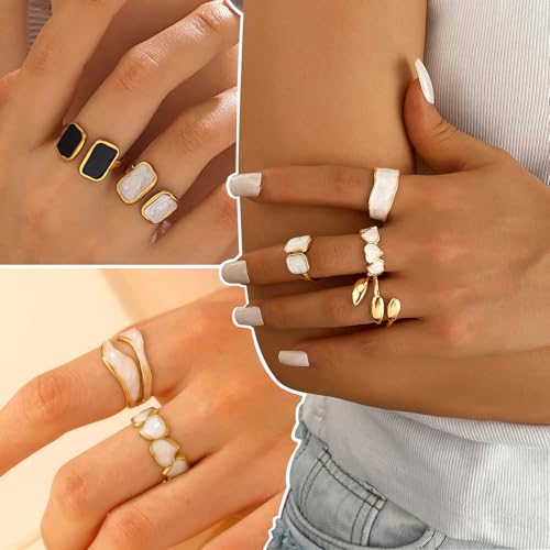 KISS WIFE Gold Rings for Women, Chunky Adjustable Rings Set, Stackable Finger Ring Pack, Open Fashion Anillos Para Mujer Y2K Accessories Dripping-Paint Pearlized Finish Leaf Ring Stack Jewelry Gift3