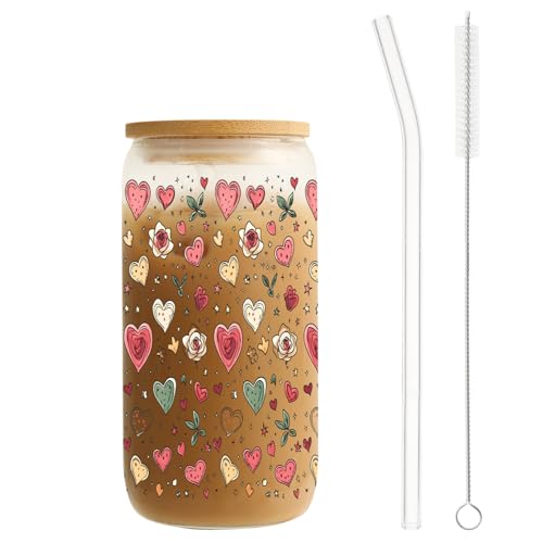 MRYAWXBK Cute Hearts Roses Glass Cup with Bamboo Lids Straw 16oz, Aesthetic Ice Coffee Glass Tumbler for Soda Boba Tea Cocktail Gifts for Her
