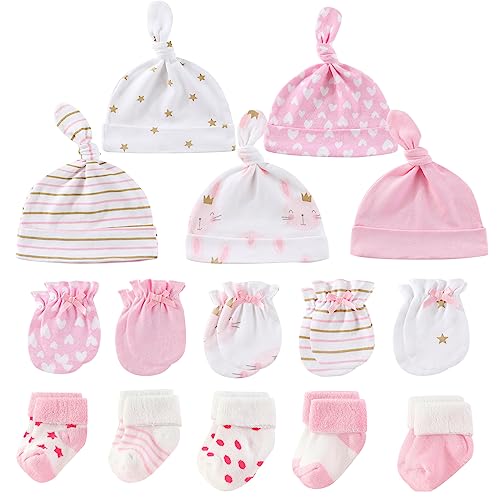Image of MAMIMAKA Newborn Baby Boy Girl Caps Mittens Socks Set Cotton Baby Essentials Accessories (Hats+Gloves+Socks)