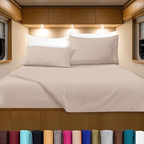 Image of Elegant Comfort Luxurious 1500 Premium Hotel Quality Microfiber Three Line Embroidered Softest 4-Piece Bed Sheet Set, Wrinkle and Fade Resistant, RV Short Queen, Cream