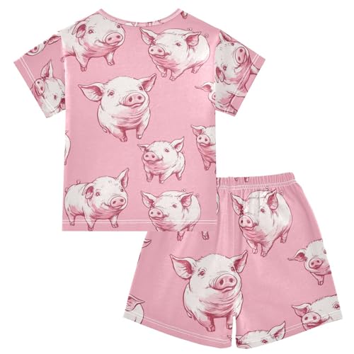 Pajama Short Sets Pink Pig Pattern Print Soft Cotton Summer Sleepwear 2 Piece PJS Size 5-14T2