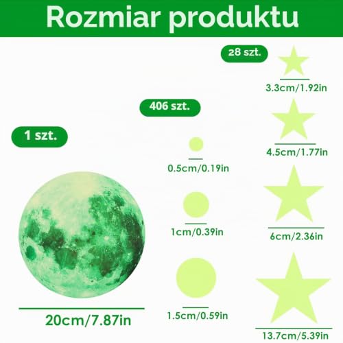 435 sztuk świecących gwiazd do pokoju dziecięcego, samoprzylepne, gwiazdy, księżyc i gwiazdy, fluorescencyjne naklejki ścienne na gwiaździste niebo, dekoracyjne naklejki zielone