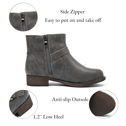 Veittes Women's Ankle Boots - Classic Side Zip, Cover with Buckle Strap, Comfortable Platform, Round Toe, Low Chunky Heel Comfort Slip On Fashion (Black/Dark Brown/Grey) Boots3