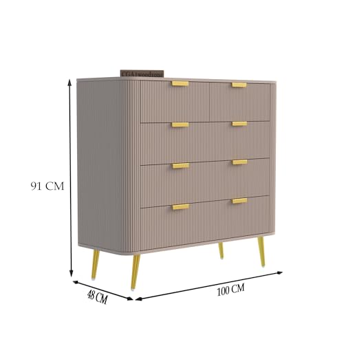 Image of Wooden Chest of Drawers | 5 Drawers Dresser Console Cabinet for Bedroom, Living Room, Drawing Room & Office | Multipurpose Storage Sideboard | HDMR Premium Wood and Iron | Taupe