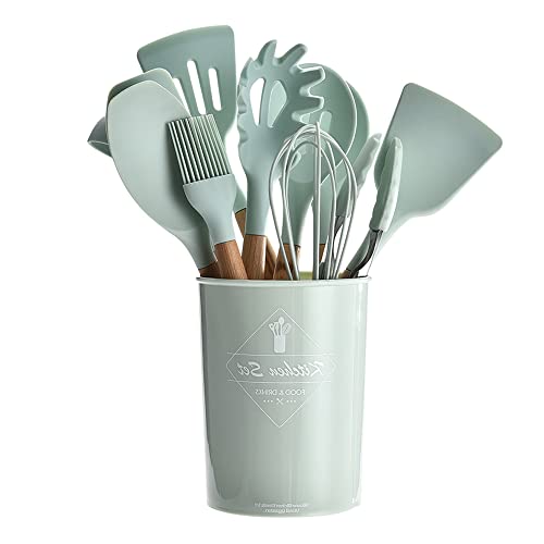 IMEISH Ustensiles de Cuisine Silicone Set 12 Pcs Non-bâton Ustensiles de Cuisson Barrel Set Ustensile De Gel De Silice Manche en Bois Ustensiles De Cuisine Set pour Les Enfants
