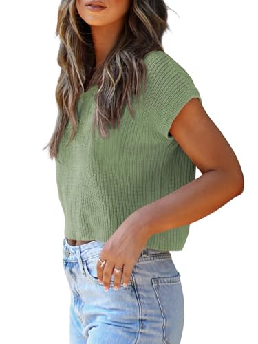 Image of LCXWFE Womens Summer Cropped Sweater Vest Trendy Cap Sleeve Crop Tops Crew Neck Loose Knit Tank Top