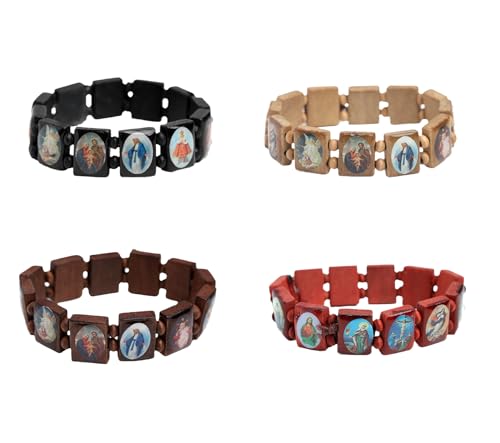 2/4 Pcs Wooden Jesus Virgin Mary Bracelet Saints Rosary Stretch Adjustable Wooden Small Panel Bracelet Religious Saints Jesus Gift for Women Men