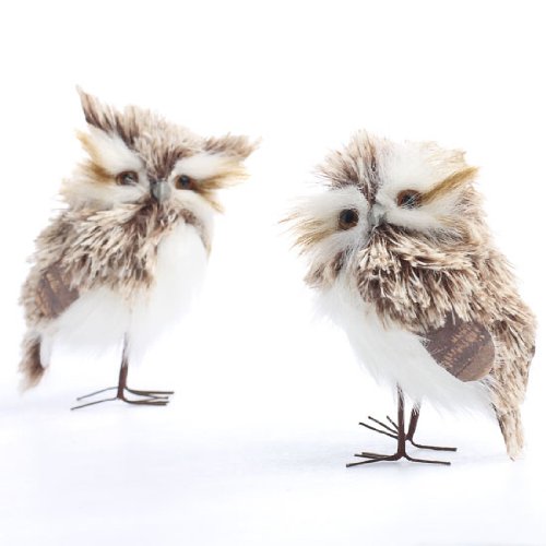 Pair of Beautiful Lifelike Detailed Artificial Standing Furry Owls- for Commercial Displays, Fall Decor and More