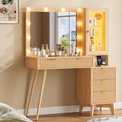 Image of Makeup Vanity Desk with Mirror and Lights, 45 inch Fluted Wood Vanity Desk with Glass Top, 5 Drawers & RGB Glass Cabinet, Power Outlet, Mid Century Modern Dressing Table Set for Women Girls Bedroom