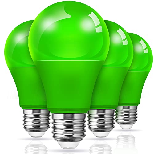 Image of L LOHAS LED Green LED Light Bulbs, A19 9W (60W Equivalent) Christmas Green Colored Light Bulb Indoor, E26 Base, Non-Dim, 4 Pack