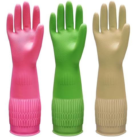 Bamllum 3 Pairs of Rubber Dishwashing Gloves for Kitchen and Household Cleaning – Long Cuff 15", Reusable, Flexible Long-lasting and Non-Slip (Red+Yellow+Green, Medium) Cover