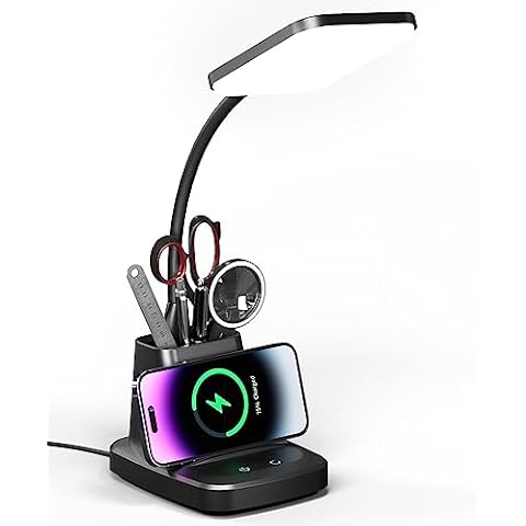 Vicsoon Desk Lamp with Wireless Charger, LED Desk Lamps for Home Office, 800 Lumens, Small Desk Lamp with Pen Holder, Flexible Arm, 3 Modes, Dimming, Touch Lamp for College Dorm Room Cover