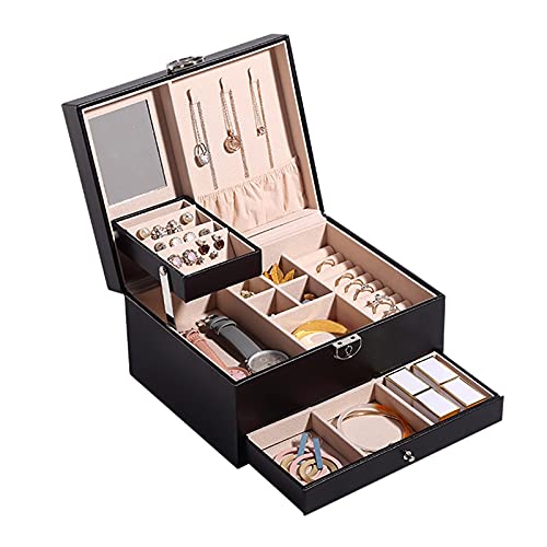 DACUDA Cajas de joyería de 2 Niveles de Cuero sintético, Caja organizadora de Joyas, Caja de Almacenamiento de Gran Capacidad para Anillos, Colgantes, con Cerradura, Espejo, con