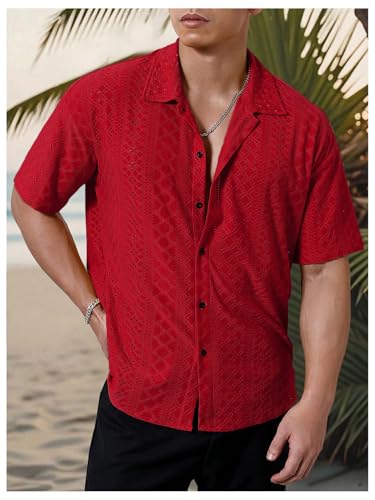 Men's Hollow Out Vacation Shirts Eyelet Embroidery Short Sleeve Button Up Beach Shirt3