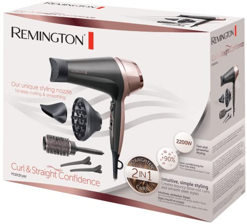 Foto von Remington Haartrockner Ionen [Locken & Wellen & Glatt] Curl-Straight (2200W, inkl 3 Stylingaufsätze: konisch & Locken-Stylingdüse & Diffusor, 45mm Rundbürste & Klammern, 3 Heiz-& 2 Gebläsestufen)D5707